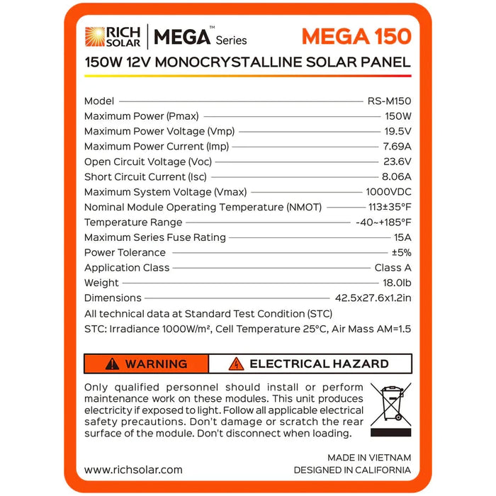 Rich Solar Mega 150 Watt Monocrystalline Solar Panel