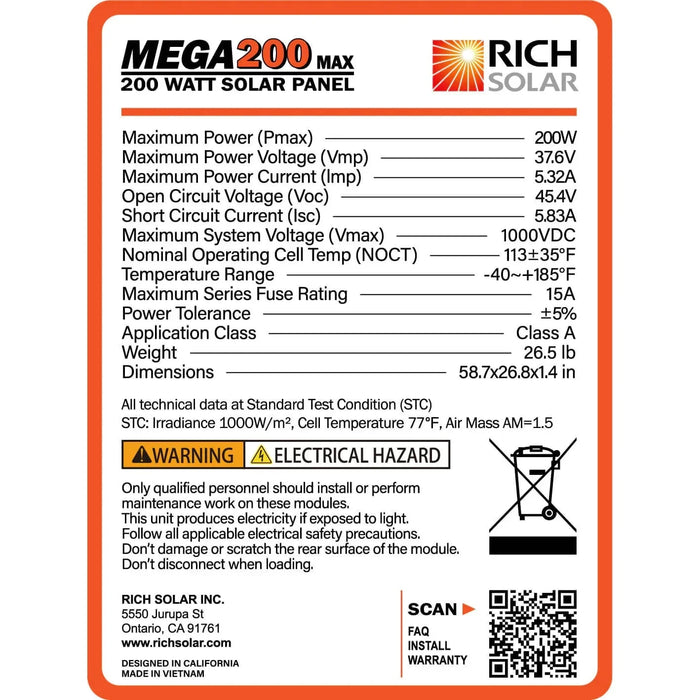 Rich Solar Mega 200 MAX 200W 24 Volt Monocrystalline Solar Panel