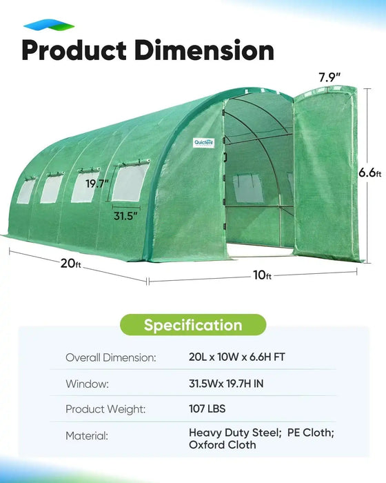 Quictent 20' x 10' x 6.6' Upgraded Large Walk-in Greenhouse