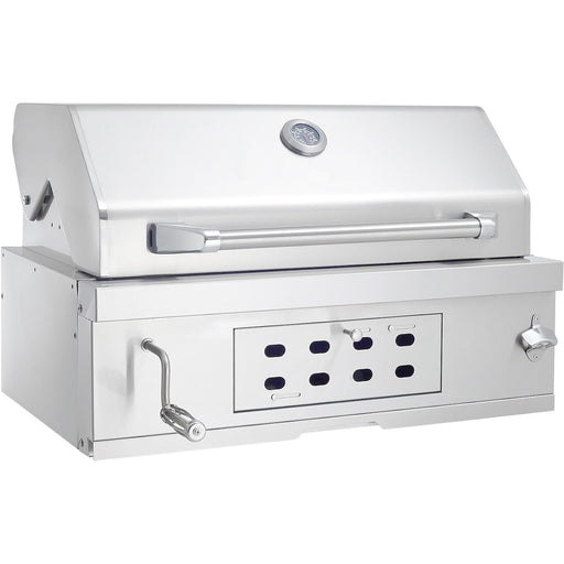 28 Inch Built In Charcoal Grill with Liftable Tray Insulated Hood Temp Gauge Stainless Steel with Rain Cover