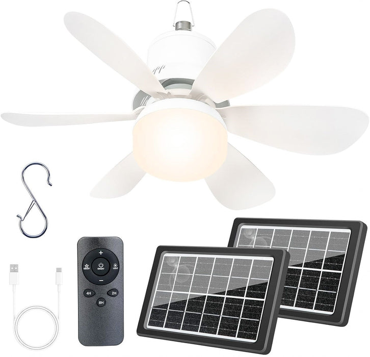 Portable Solar Ceiling Fan with Light and Remote, Dual Solar Panels, Type-C Charging, 18.5"