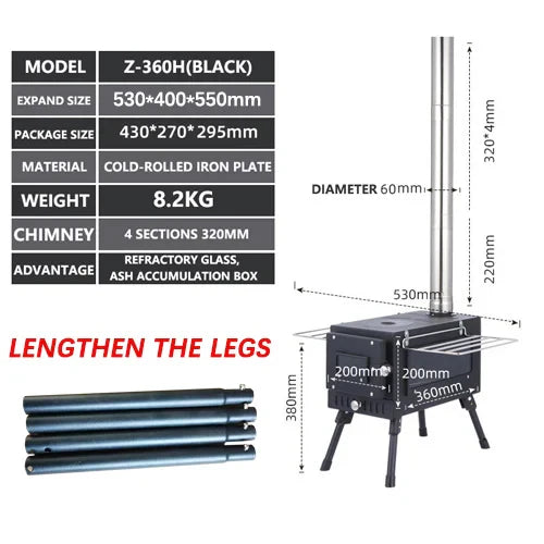 Portable Foldable Wood Burning Stove Heavy Duty Removable Camp Tent