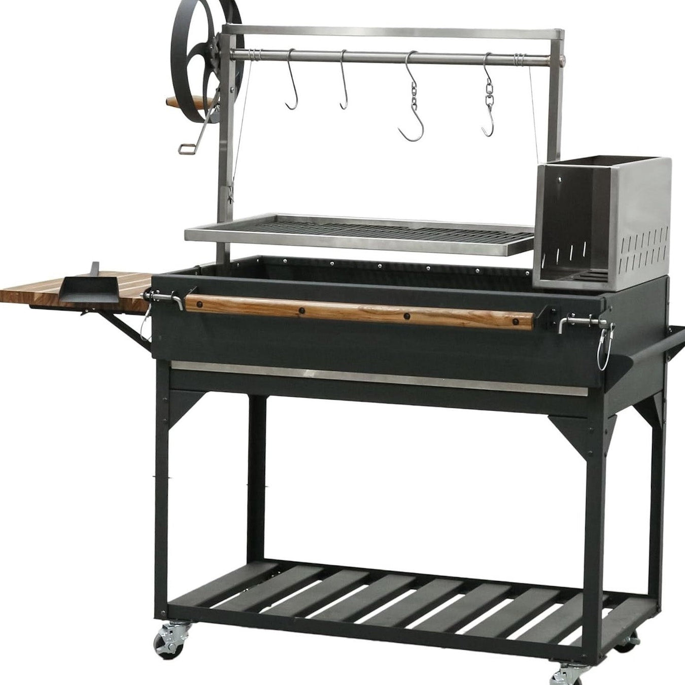 Argentinian Santa Maria Wood Fire Charcoal Grill with Brasero Adjustable Grates Acacia Table